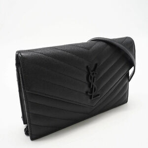 Saint Laurent Cassandra Chain Wallet Shoulder Bag Black Calf Leather